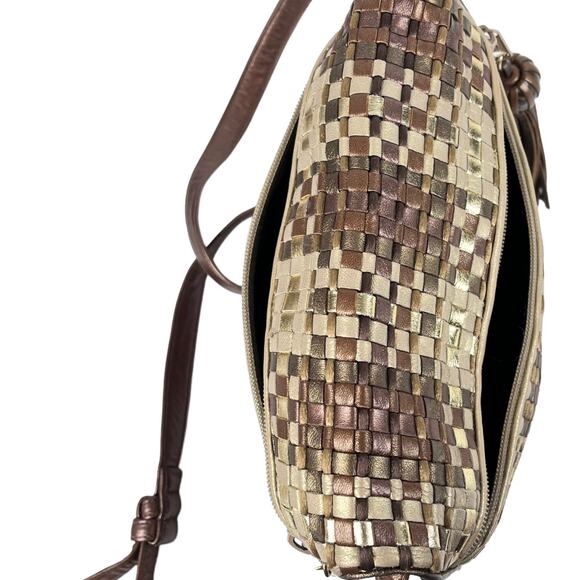 Sharif Metallic Gold Woven LEATHER HANDBAG Plaid Shoulder Crossbody Bag Tassel - Picture 6 of 13
